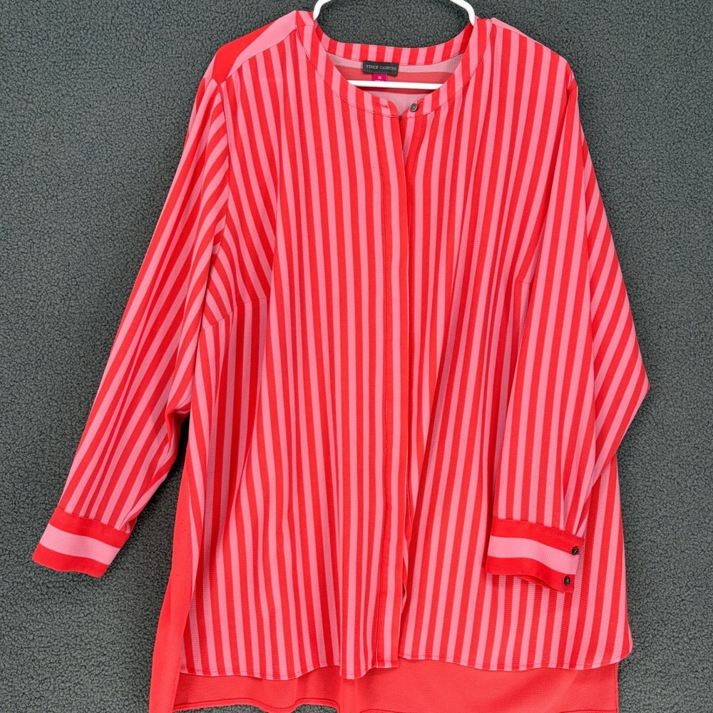 Vince Camuto Womens 3X Pink Red Striped Band Collar Mixed Media Blouse Top
